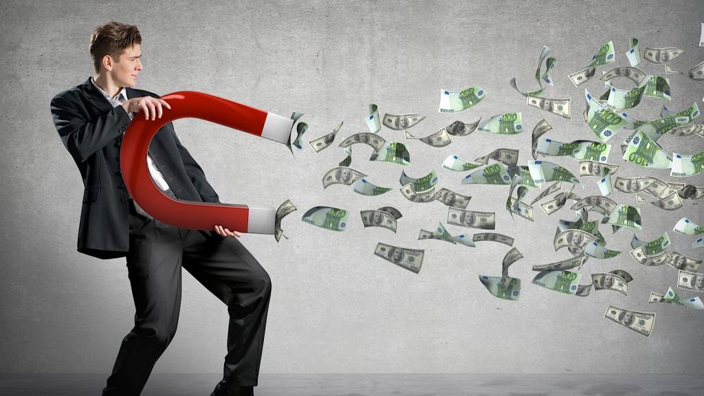 Мужчина притягивает деньги магнитом.