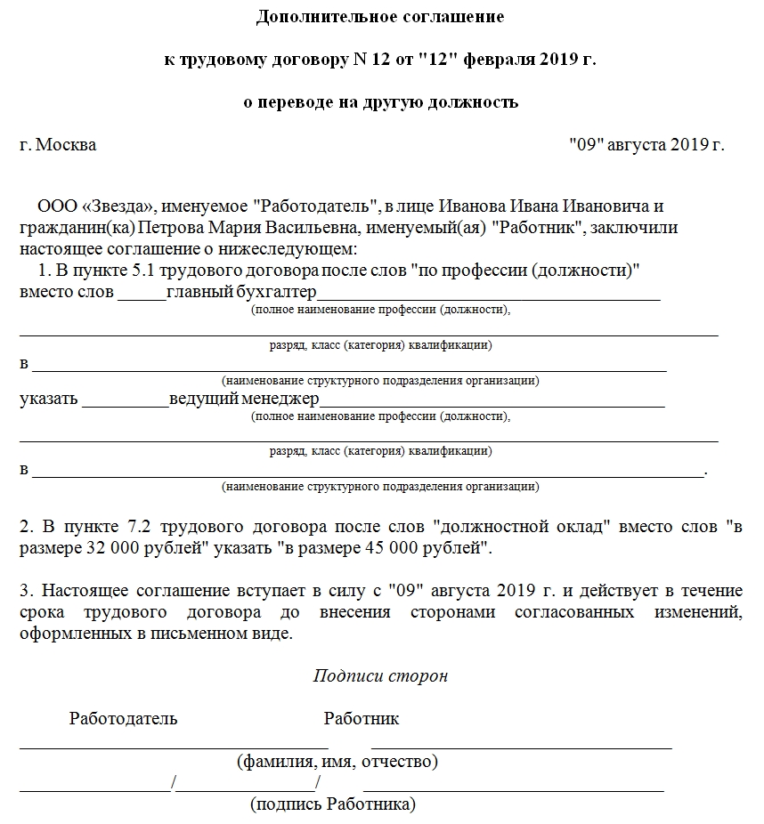 перевод на другую должность доп соглашение образец