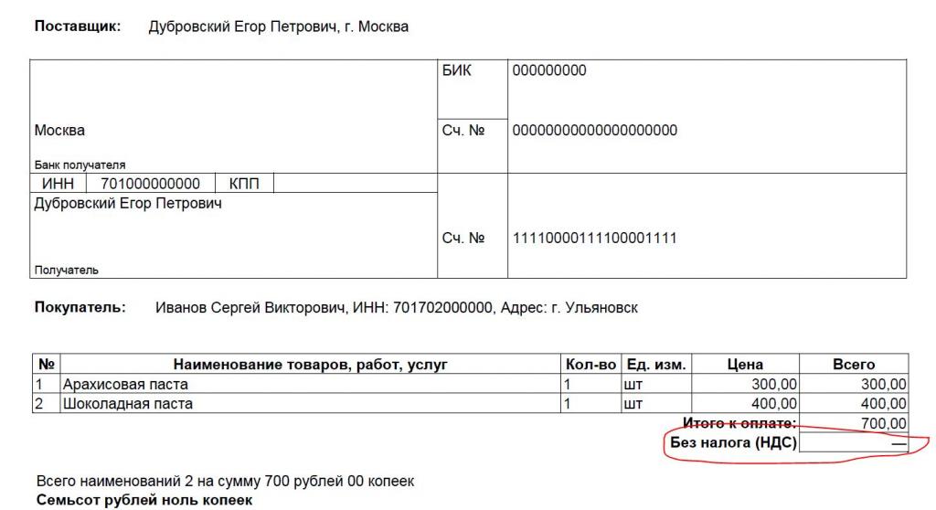 Образец счета от ИП на оплату без НДС