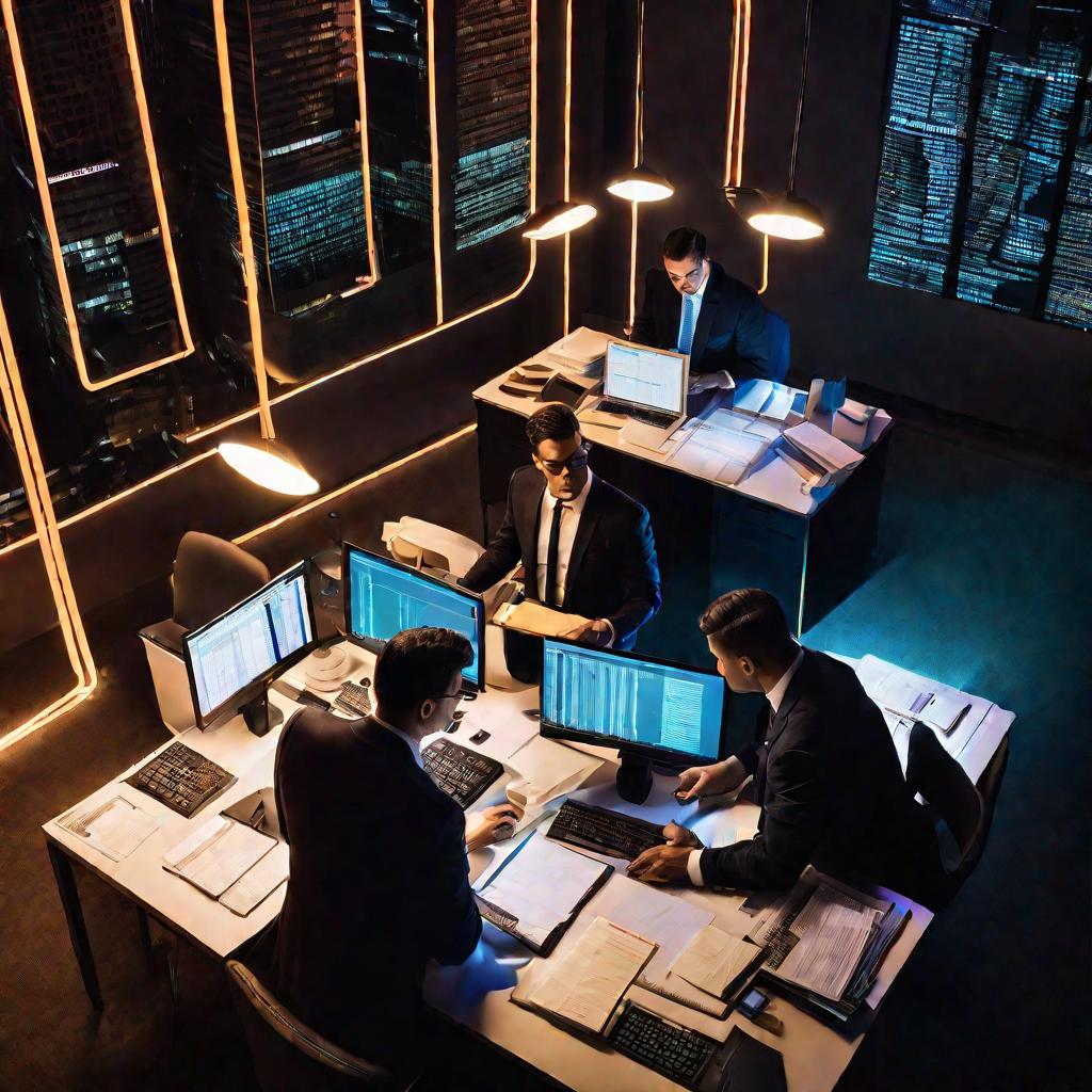 Мужчины работают ночью с бумагами