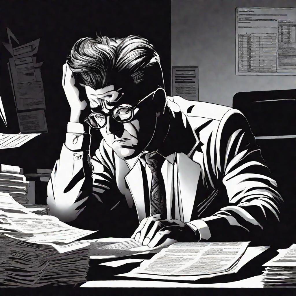 Мужчина за столом смотрит налоговые формы, хватаясь за голову от беспокойства