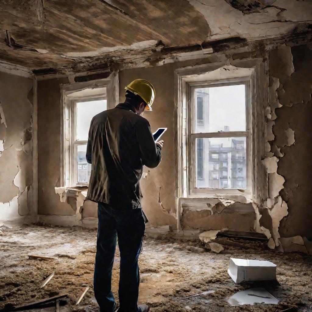 Вид внутри квартиры с отслаивающейся штукатуркой стен, покоробленным деревянным полом, протечками, плесенью и треснувшим окном