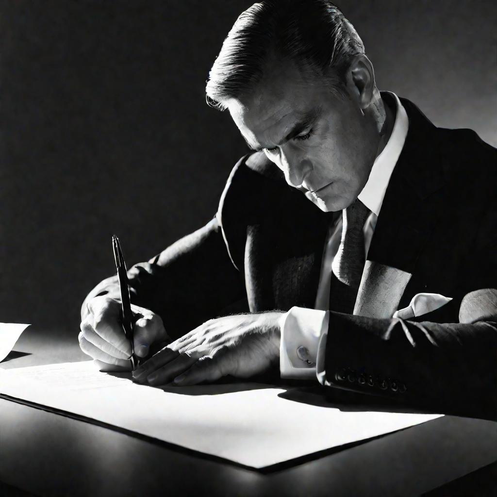 Мужчина в костюме подписывает документ в офисе