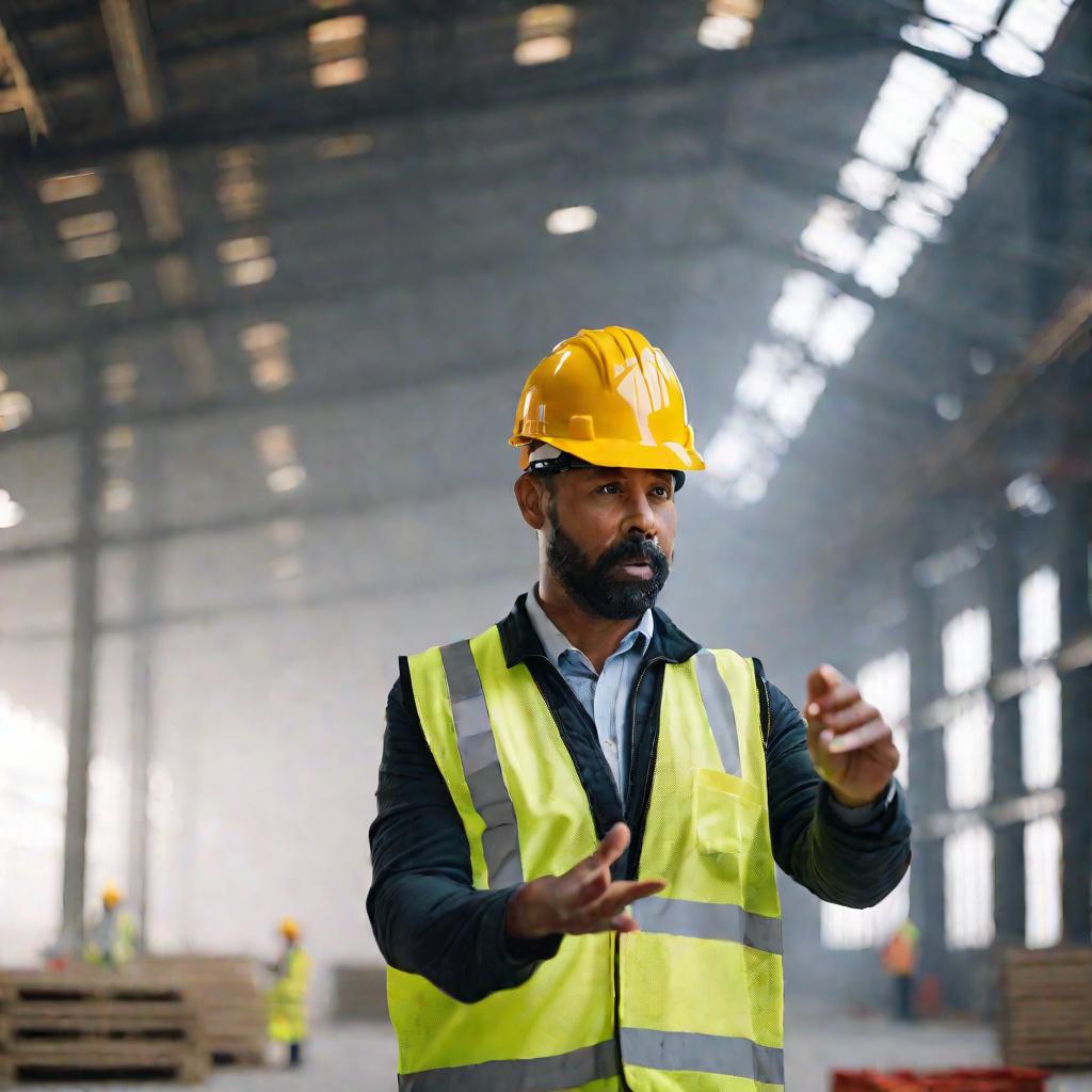 Средний план мастера в каске, отдающего указания рабочим в средствах индивидуальной защиты, стоящим внутри строящегося промышленного склада в туманный день