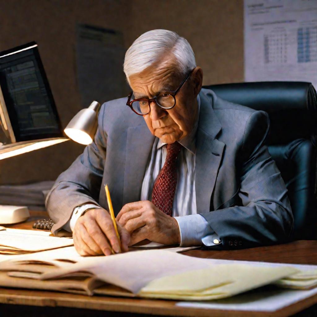 Пожилой бухгалтер вводит данные за компьютером