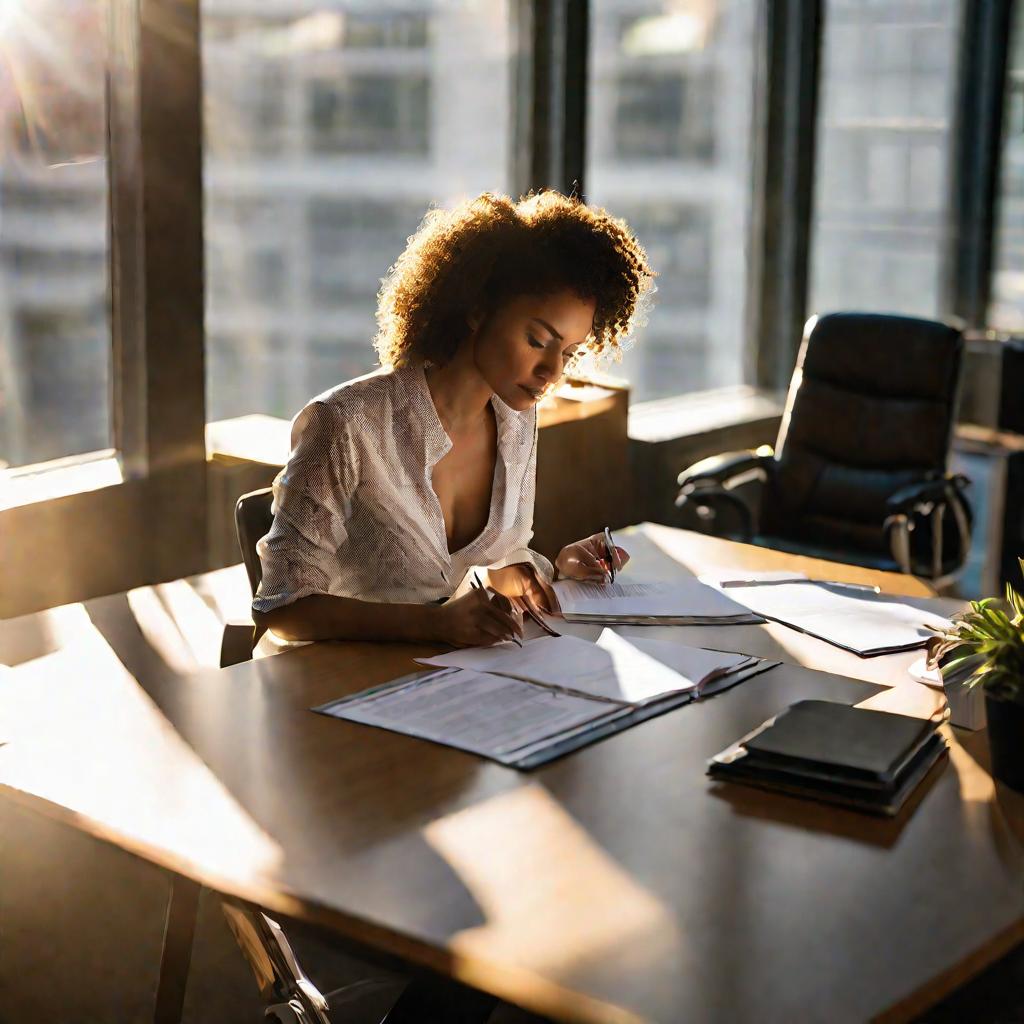 Женщина заполняет документы в офисе