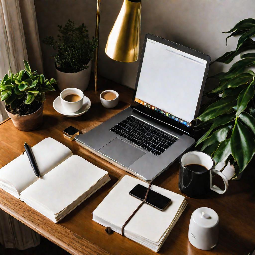 На столе ноутбук и бумаги