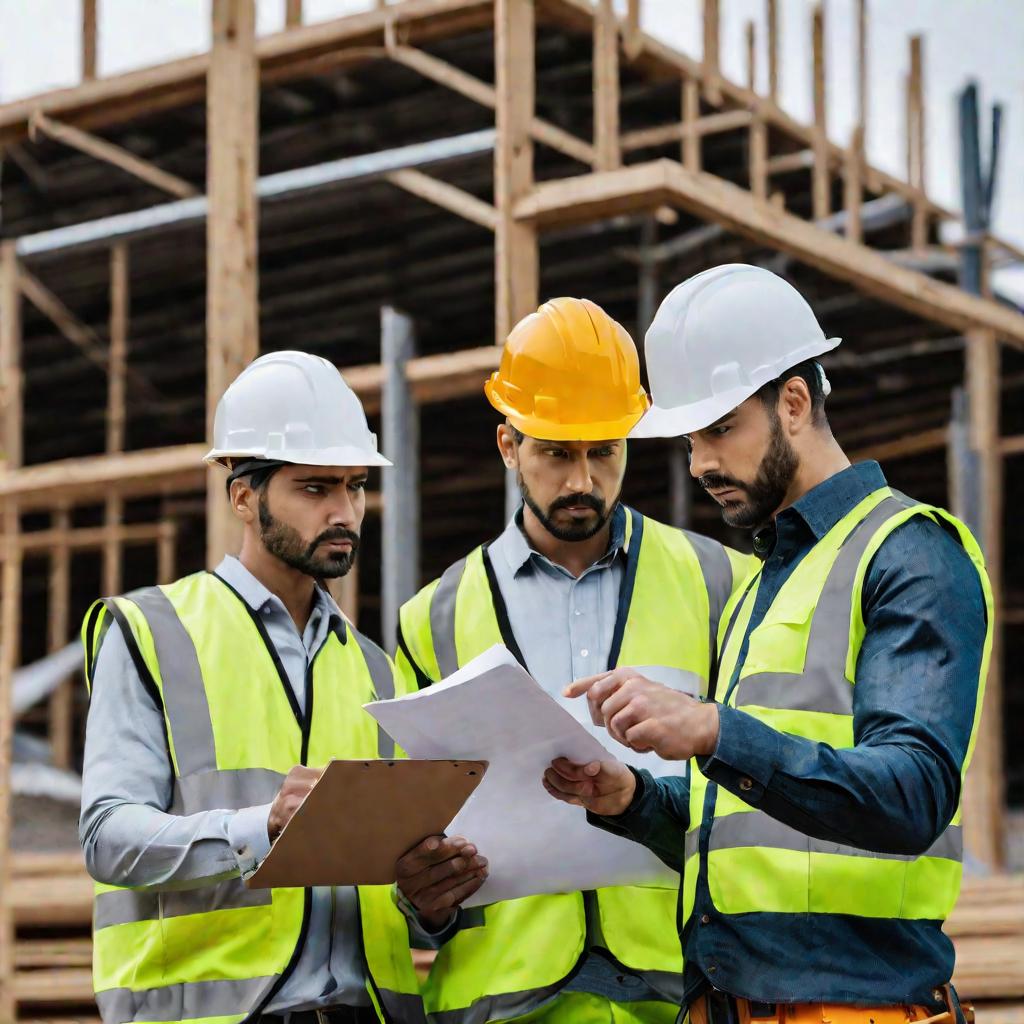 Двое мужчин в касках и рабочей одежде подписывают документы на строительной площадке