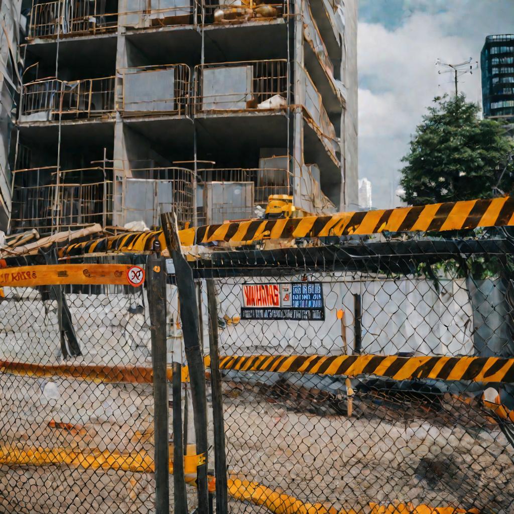 Огороженная строительная площадка в городе с предупредительными знаками на заборе