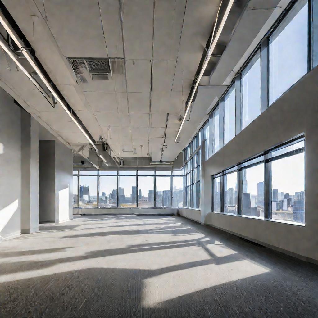 Пустой офис после того, как компания прекратила свое существование. Все оборудование и мебель убраны. Остались только голые стены, окна и пол.