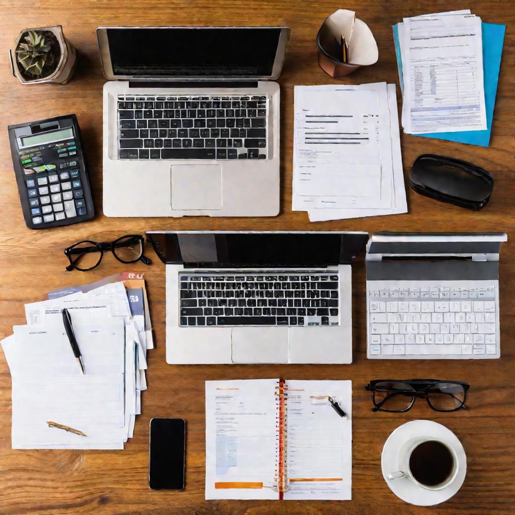 Рабочий стол бухгалтера, заваленный налоговыми документами и формами.