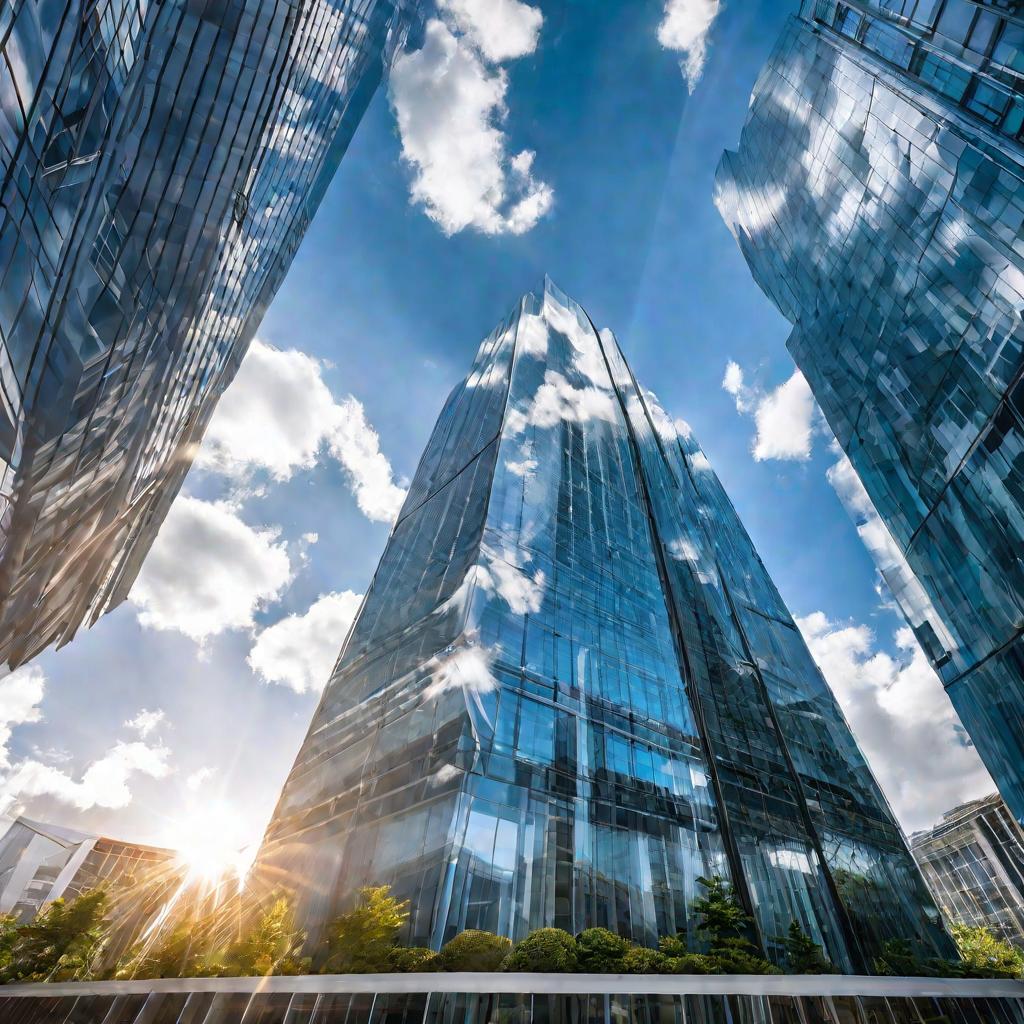 Современное офисное здание из стекла и бетона на фоне голубого неба в солнечный день.