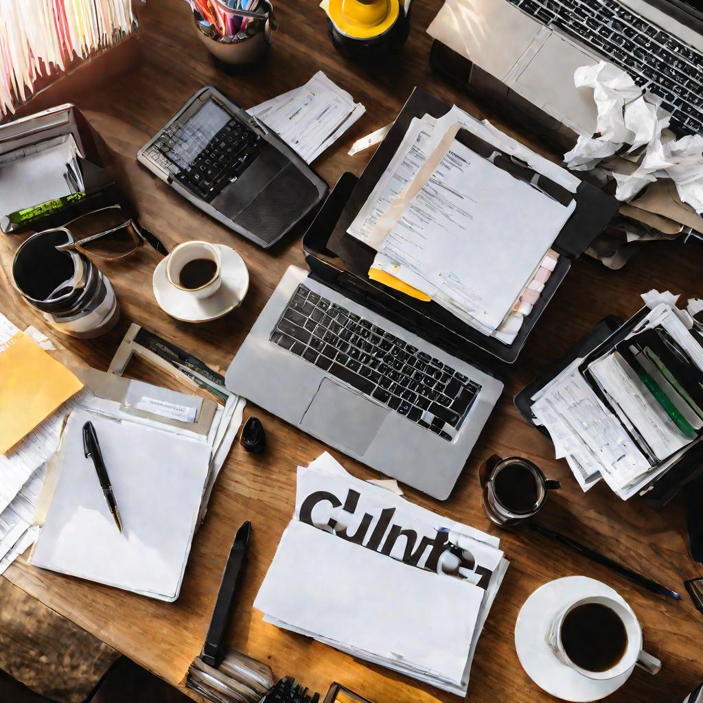 Вид сверху на беспорядочный домашний офис с налоговой документацией