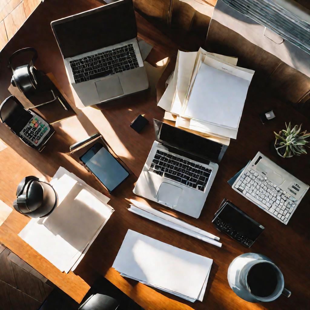 Письменный стол с бумагами, папками, ноутбуком и калькулятором