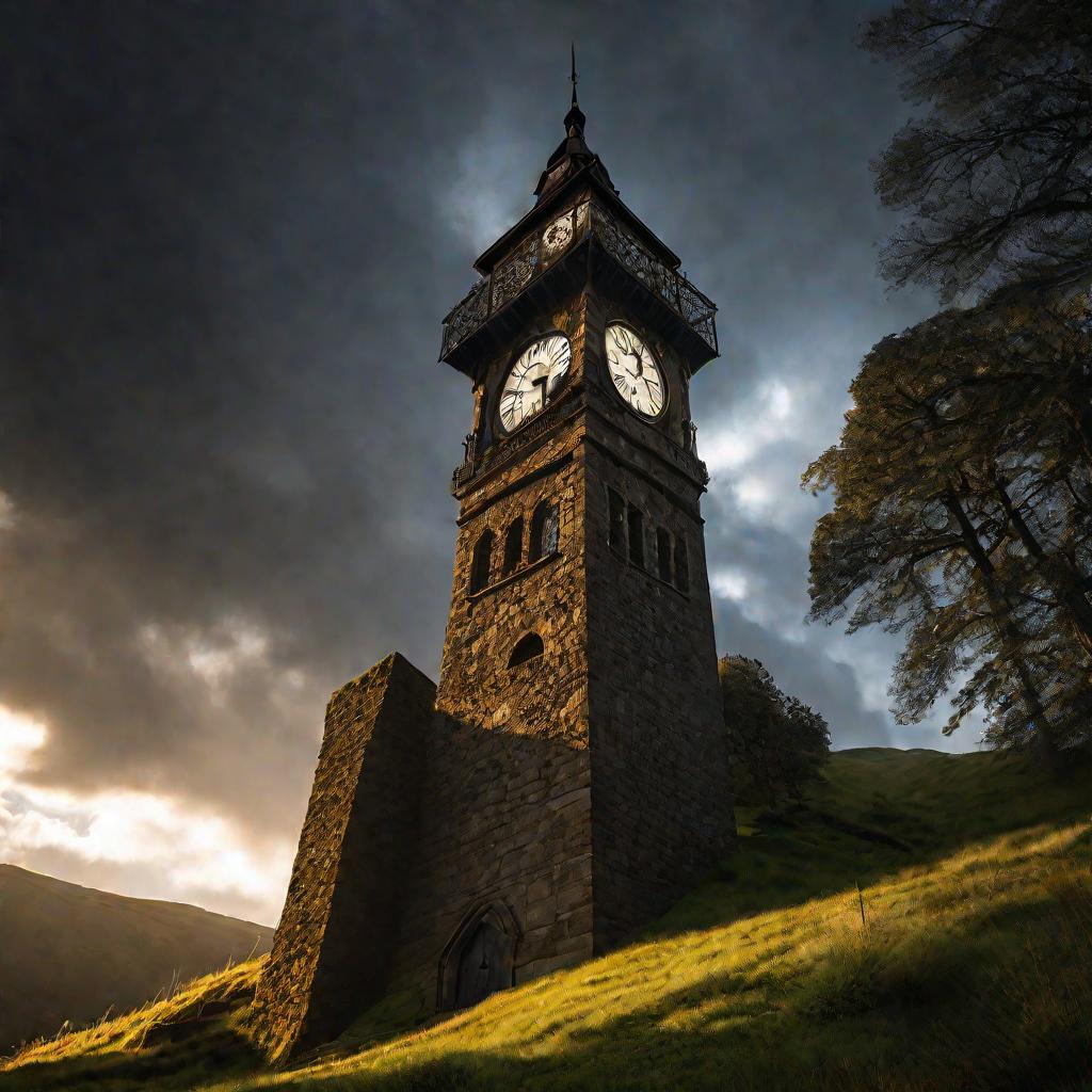 Загадочные часы на фоне холмов