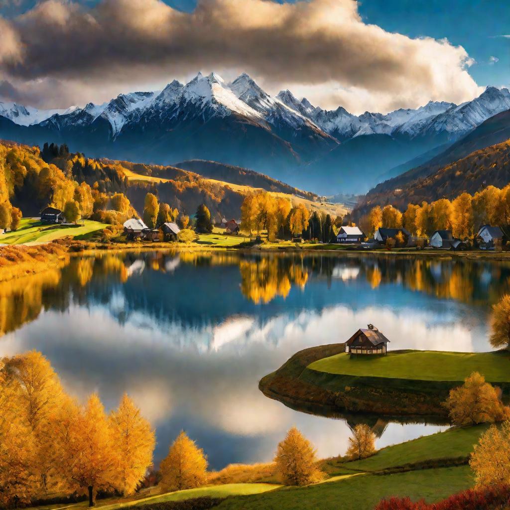 Живописный горный пейзаж с озером и деревней