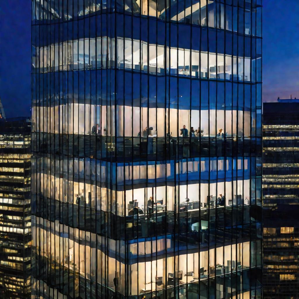 Офисное здание бухгалтеров на фоне вечернего неба