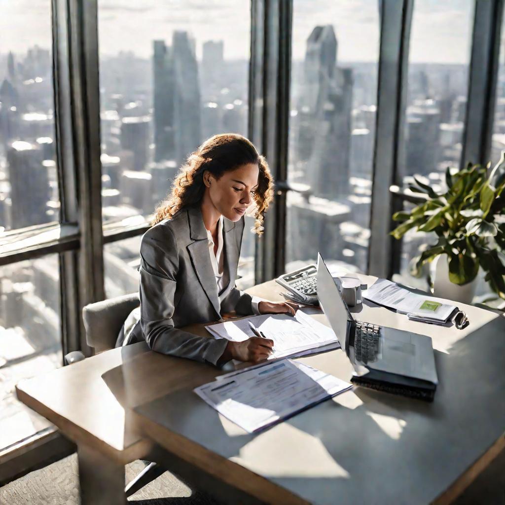 Женщина заполняет чековую книжку в офисе