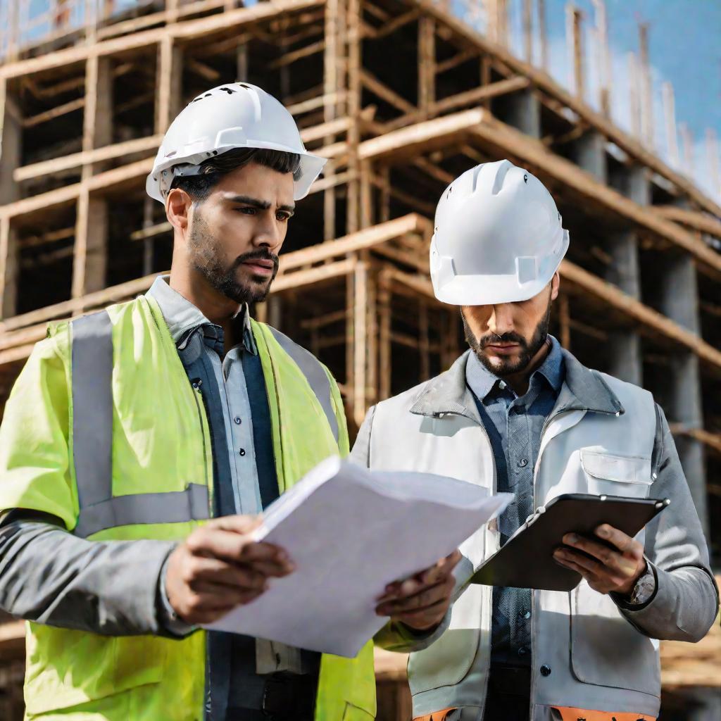 Портрет двух рабочих в касках, обсуждающих чертежи и документы